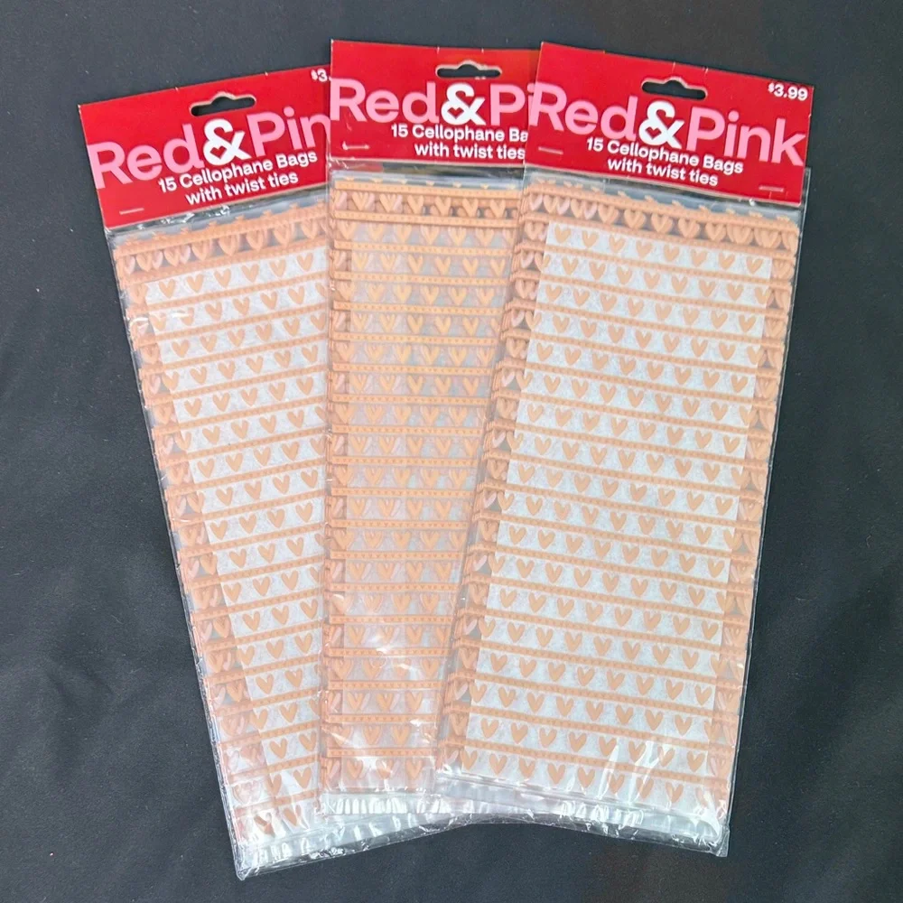 Red & Pink Cellophane Bags bundle with Twist Ties 3 packs 45 bags all new hearts